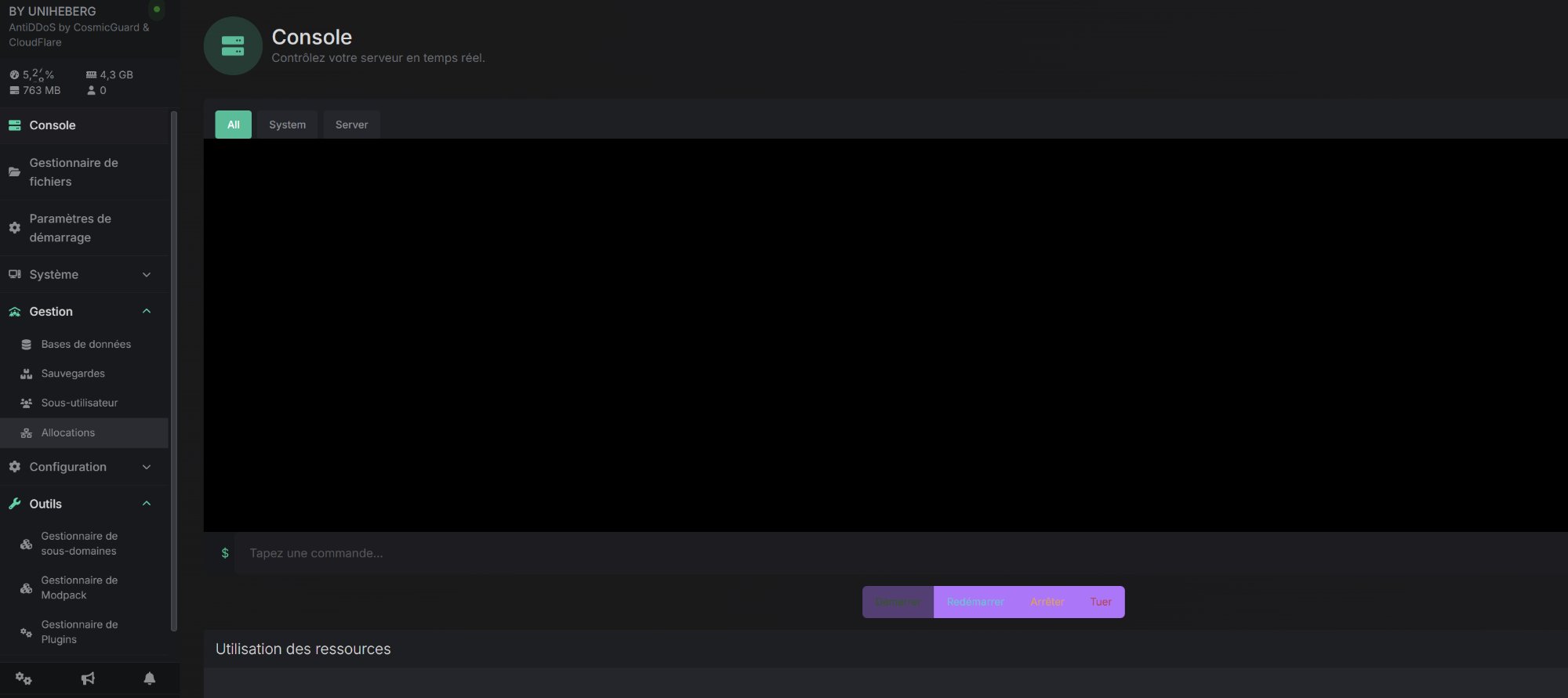 Panneau de gestion UniHeberg Minecraft — Console en temps réel